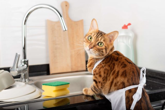 洗いものをする猫