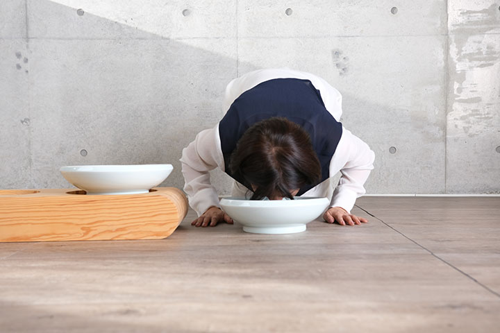 四つん這いで器に顔を近づけ、ネコさんの姿勢を検証する太野由佳子
